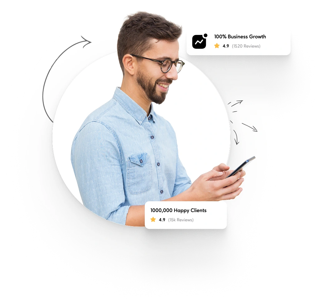 A person using a smartphone beside social media growth metrics
